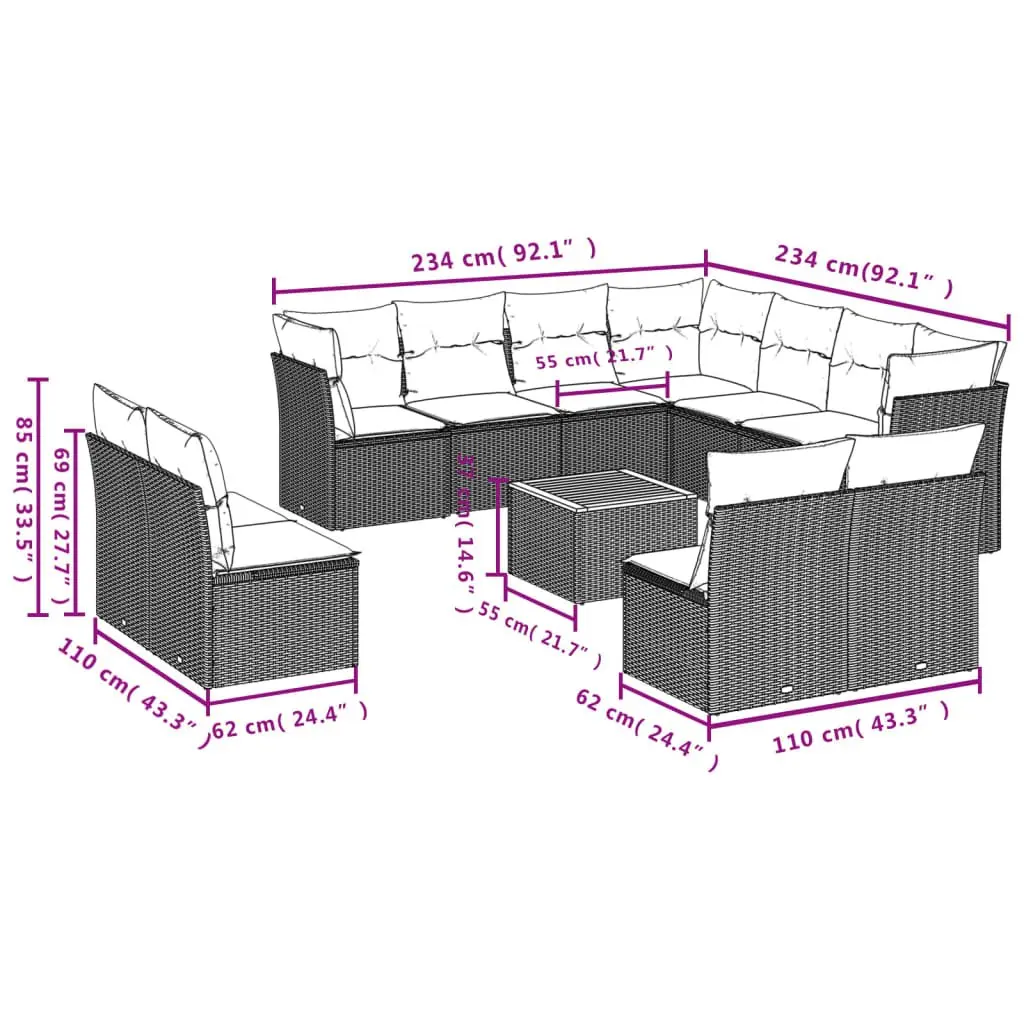Outdoor Garden Sofa Set 12 Piece Beige Poly Rattan Patio Furniture with Cushions