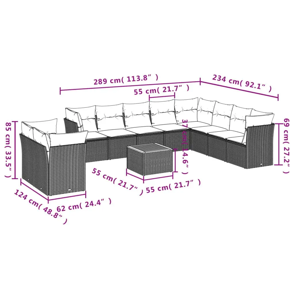 Garden Sofa Set 11 Piece Outdoor Furniture Grey Cushions Poly Rattan Modular