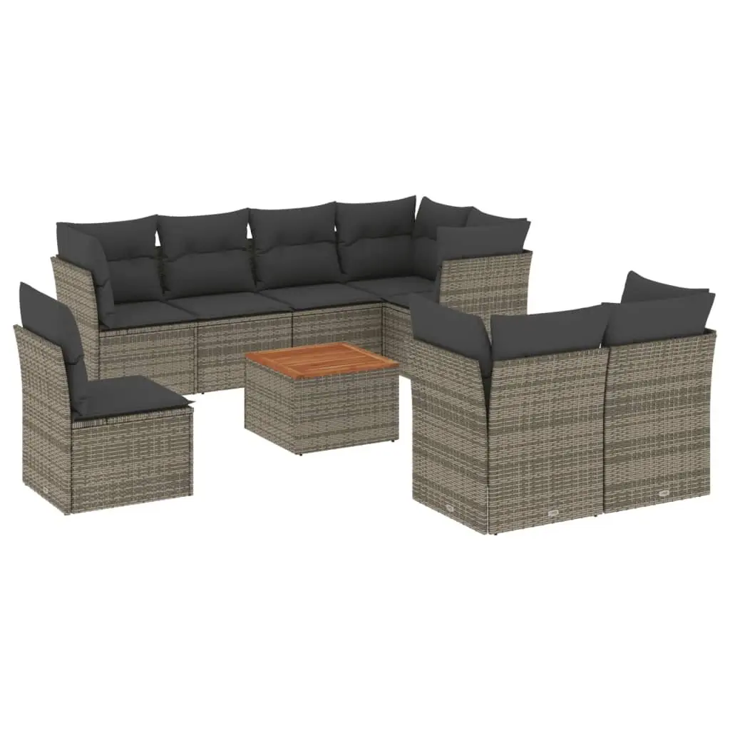 9 Piece Modular Grey Outdoor Poly Rattan Sofa Set with Thick Cushions and Acacia Wood Tabletop for Patio and Garden Relaxation