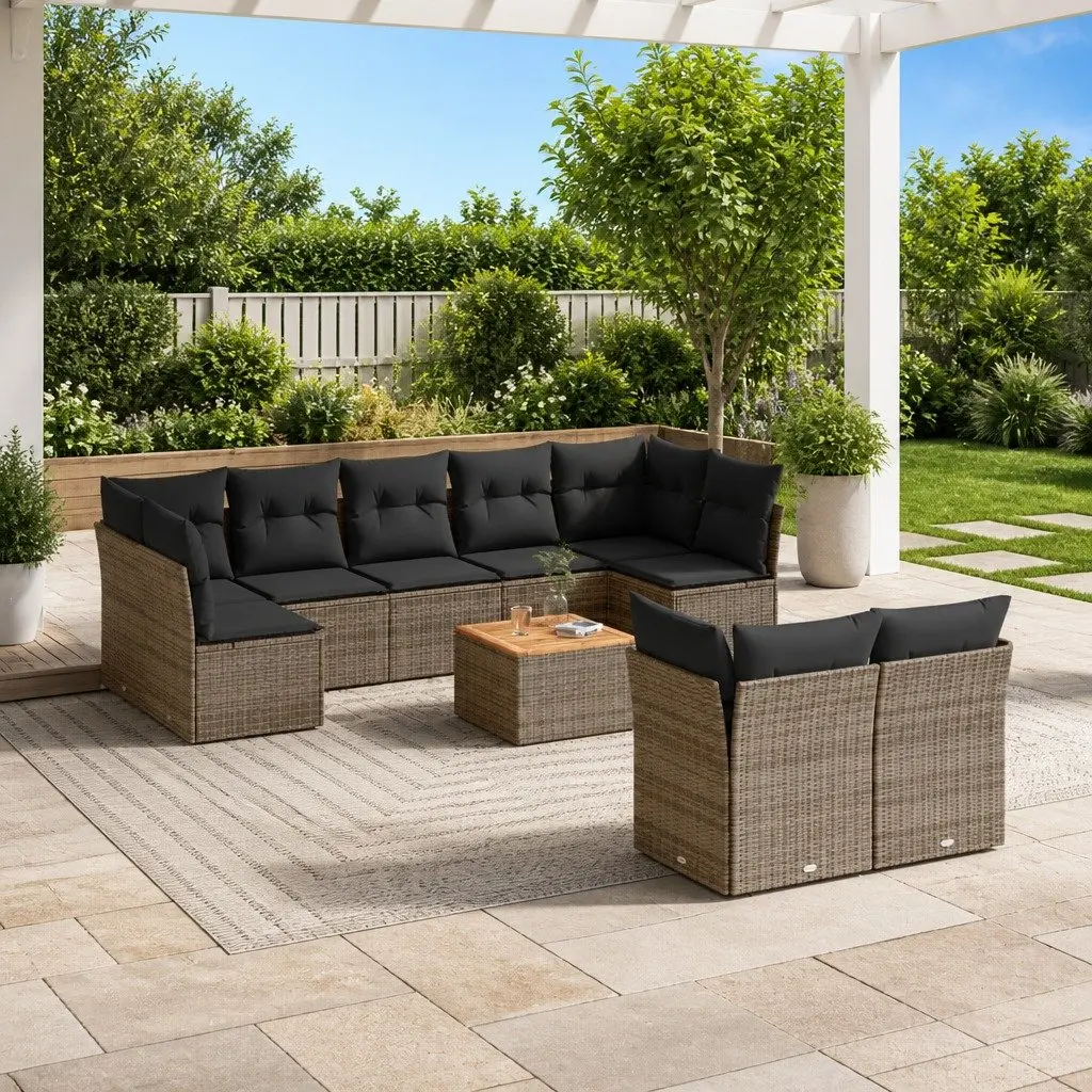 Modular Outdoor Sofa Set Grey Rattan 10 Piece Patio Furniture with Thick Cushions