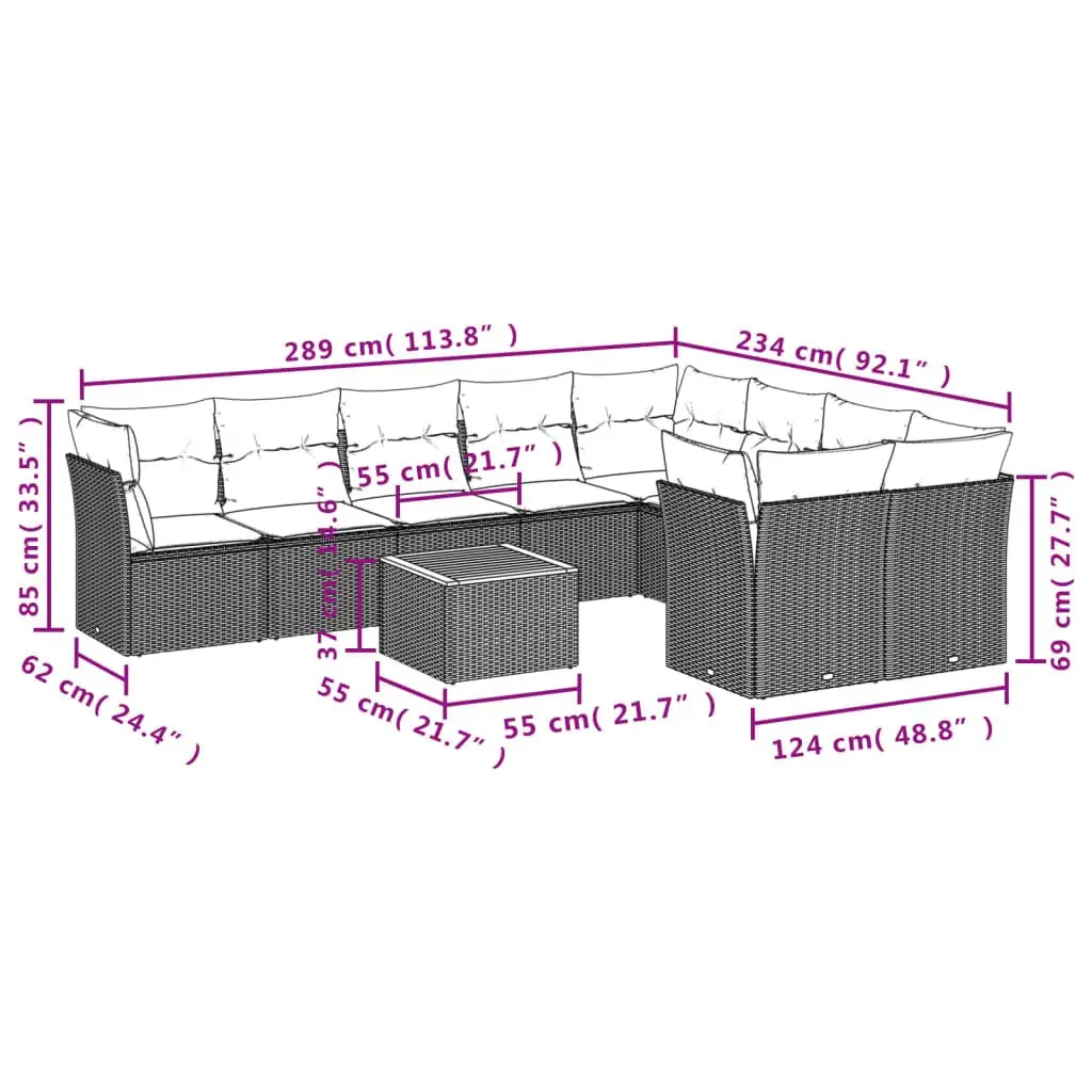 Garden Sofa Set 10 Piece Outdoor Furniture Grey Poly Rattan with Cushions Patio