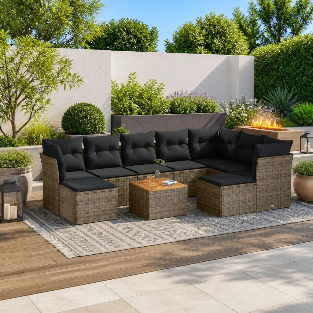 Garden Sofa Set Grey 10 Piece Outdoor Furniture with Cushions Poly Rattan