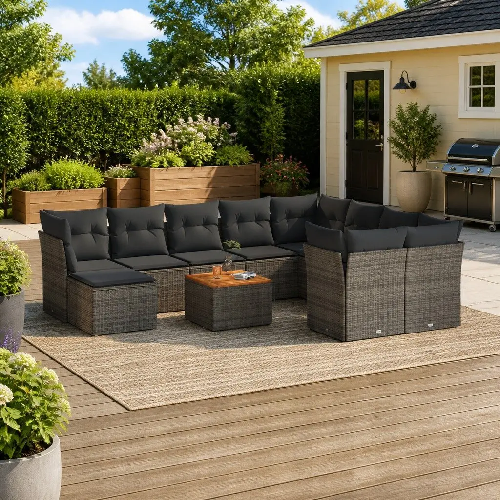11 Piece Outdoor Modular Sofa Set Grey Rattan with Cushions and Acacia Wood Tabletop