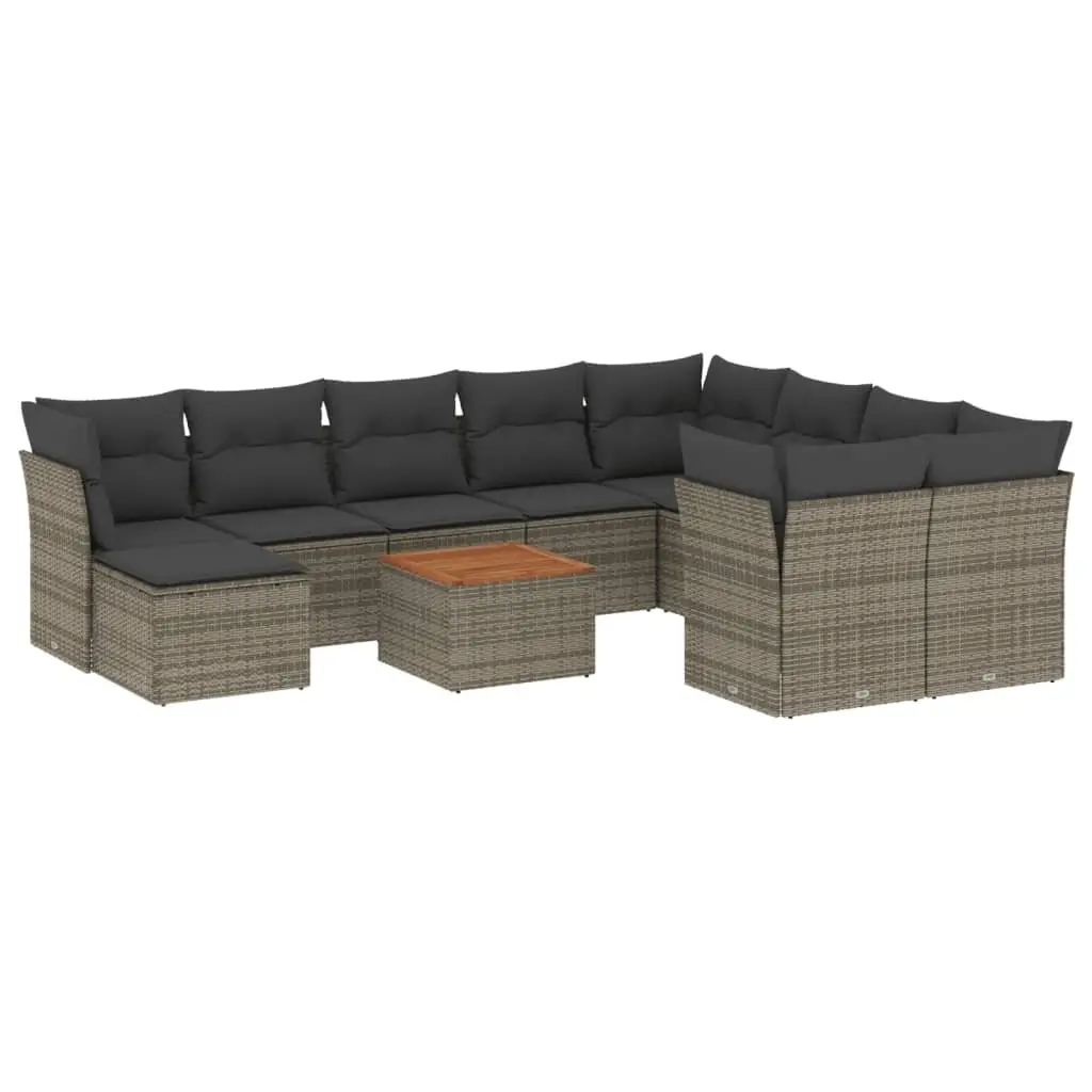 11 Piece Outdoor Modular Sofa Set Grey Rattan with Cushions and Acacia Wood Tabletop