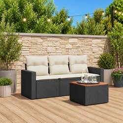 Garden Sofa Set 4 Piece Outdoor Furniture Patio Black Poly Rattan with Cushions