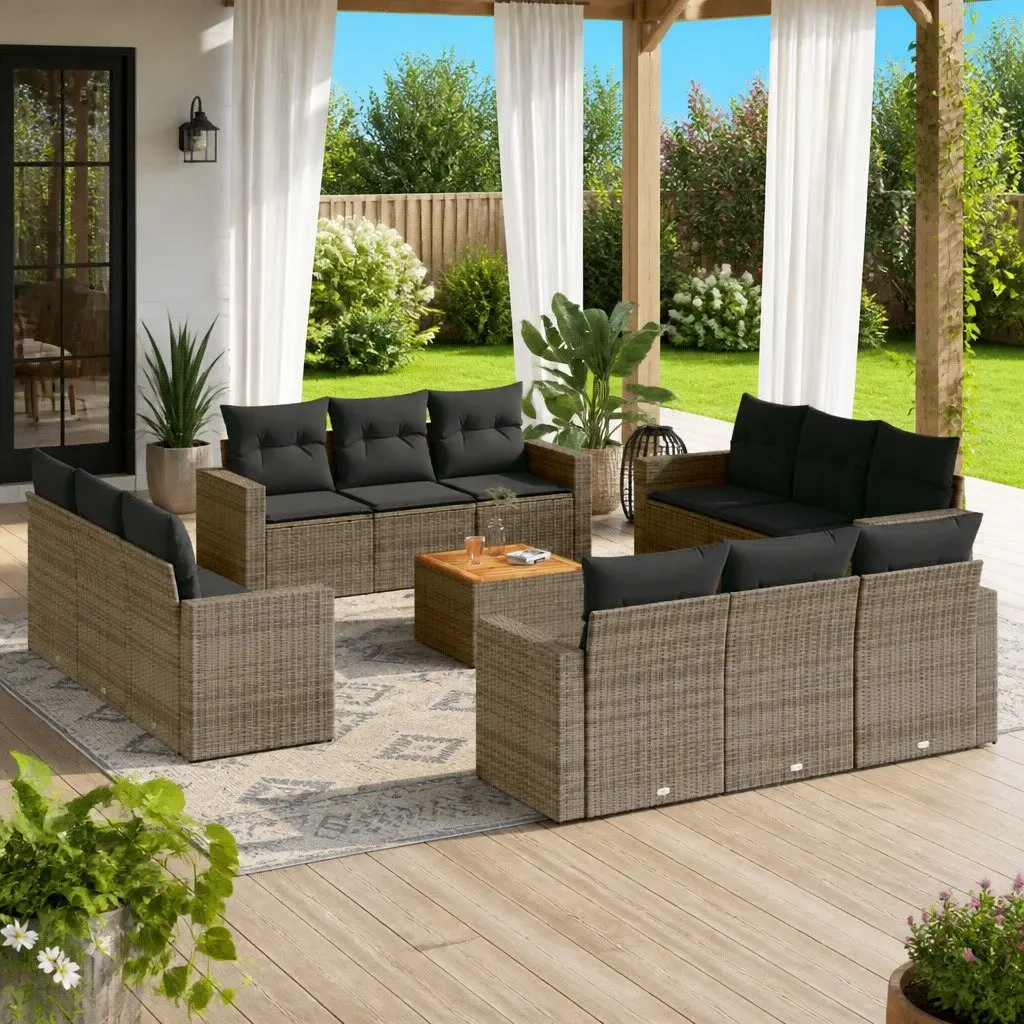 Outdoor Modular Sofa Set 13 Piece Grey with Cushions Durable PE Rattan and Acacia Wood