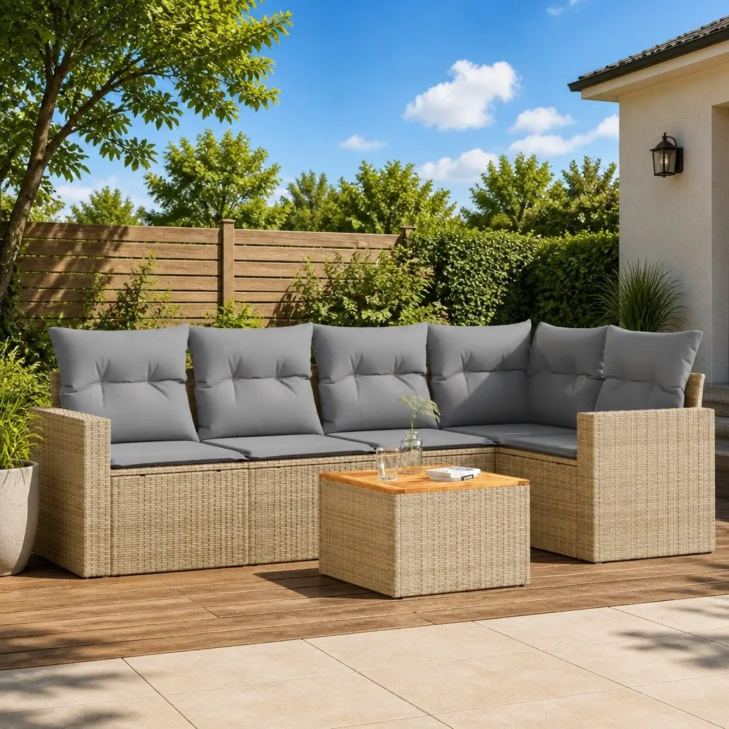 6 Piece Garden Sofa Set Outdoor Furniture Beige Cushions Patio Rattan Sectional