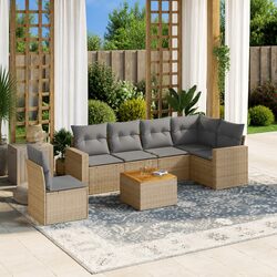 Friendly 7 Piece Beige Garden Sofa Set with Cushions