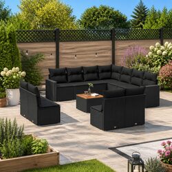 Garden Sofa Set 12 Piece Outdoor Furniture Black Poly Rattan Patio Lounge with