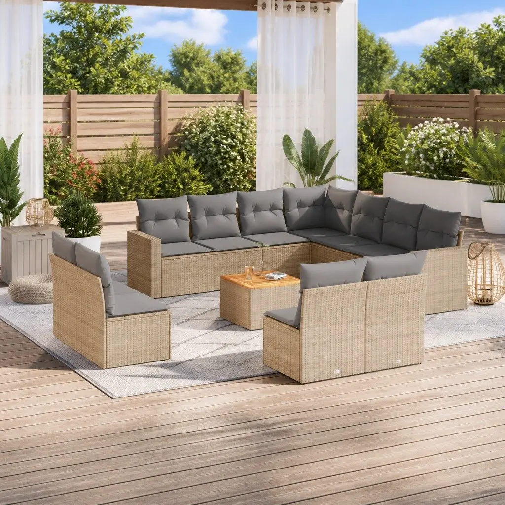 12 Piece Garden Sofa Set Beige Poly Rattan Modular Outdoor Furniture with Cushions
