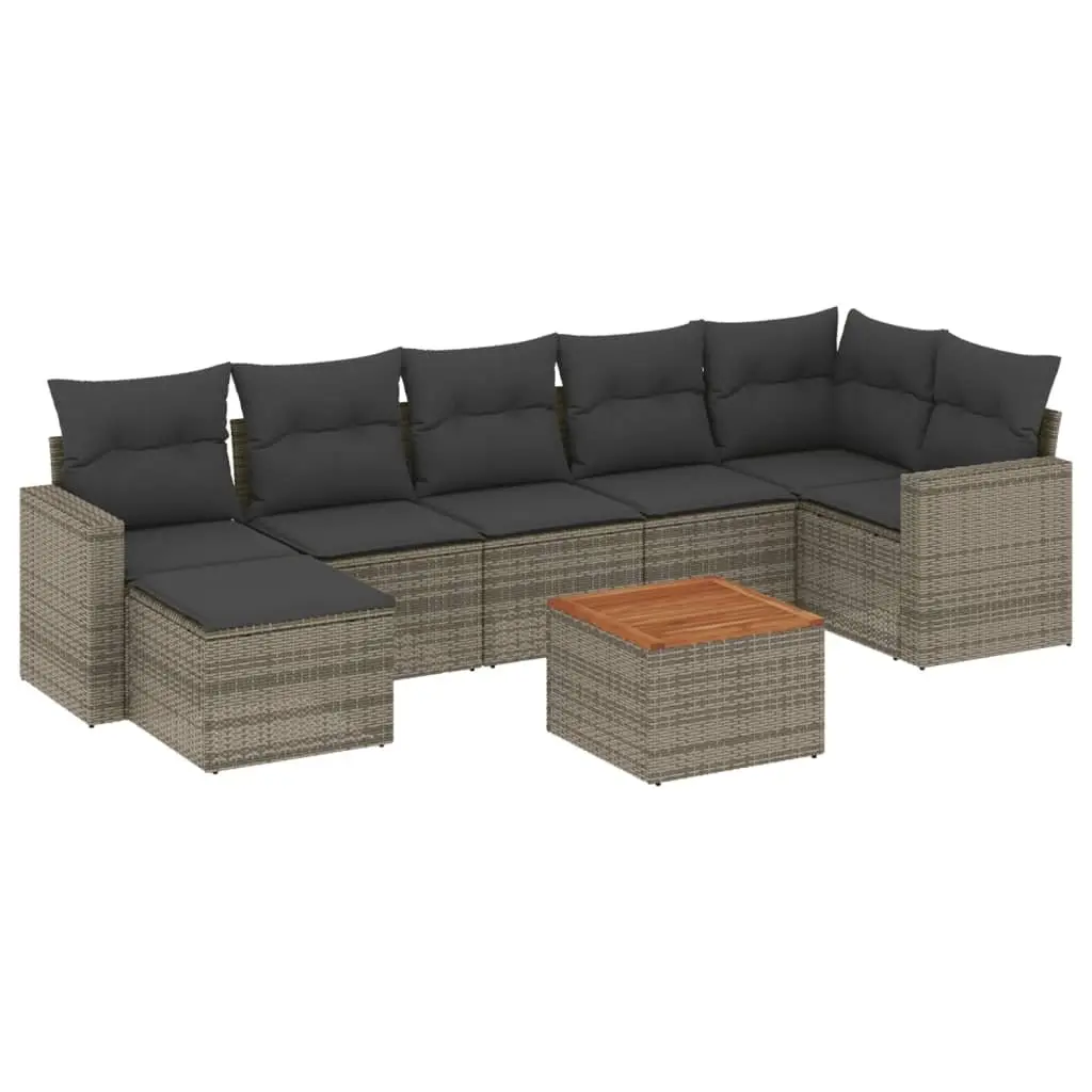 8 Piece Outdoor Garden Sofa Set Grey Modular Sectional Furniture with Acacia Wood Tabletop
