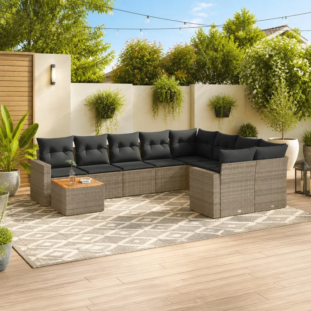 10 Piece Outdoor Garden Sofa Set Grey Poly Rattan with Cushions