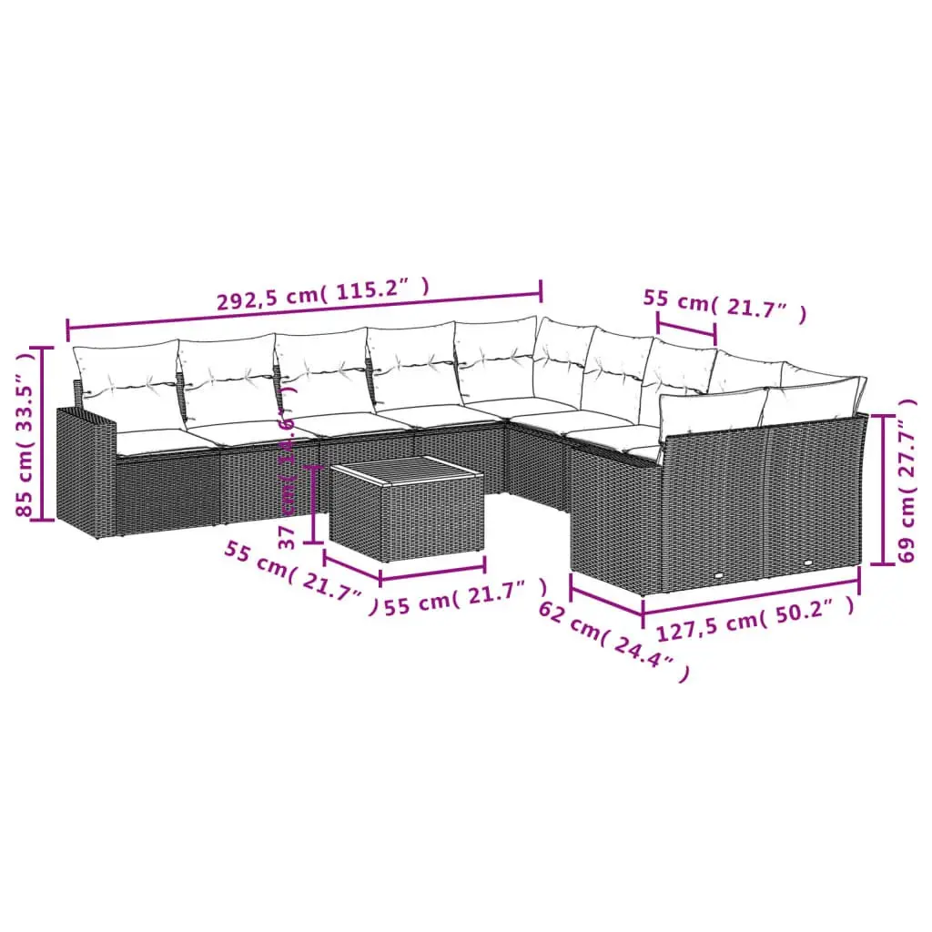 Outdoor Sectional Sofa Set 11 Piece Garden Furniture Beige Poly Rattan Modular