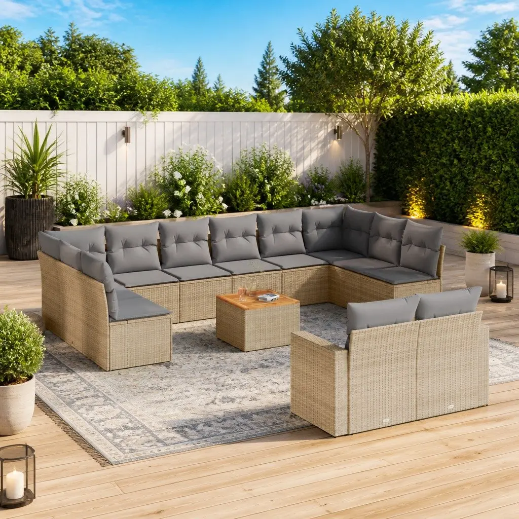 Outdoor Sectional Sofa Set 13 Piece Garden Furniture Beige Poly Rattan with