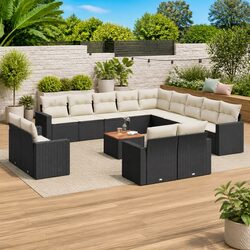 Outdoor Sectional Sofa Set 14 Piece Black Poly Rattan Garden Furniture Cushions