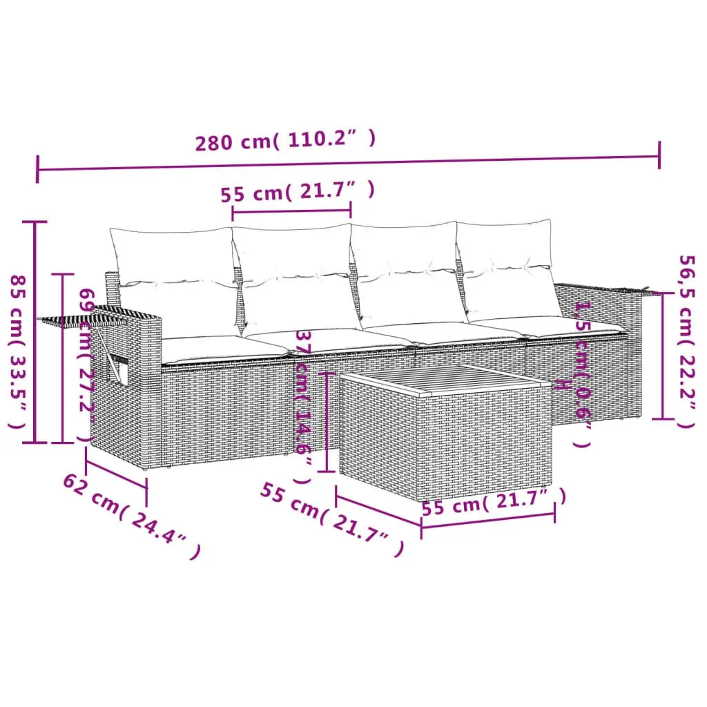 Outdoor Sectional Sofa Set 5 Piece Garden Furniture Grey Poly Rattan with
