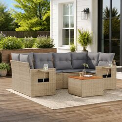 Outdoor Sectional Sofa Set 7 Piece Beige Garden Furniture with Side Table