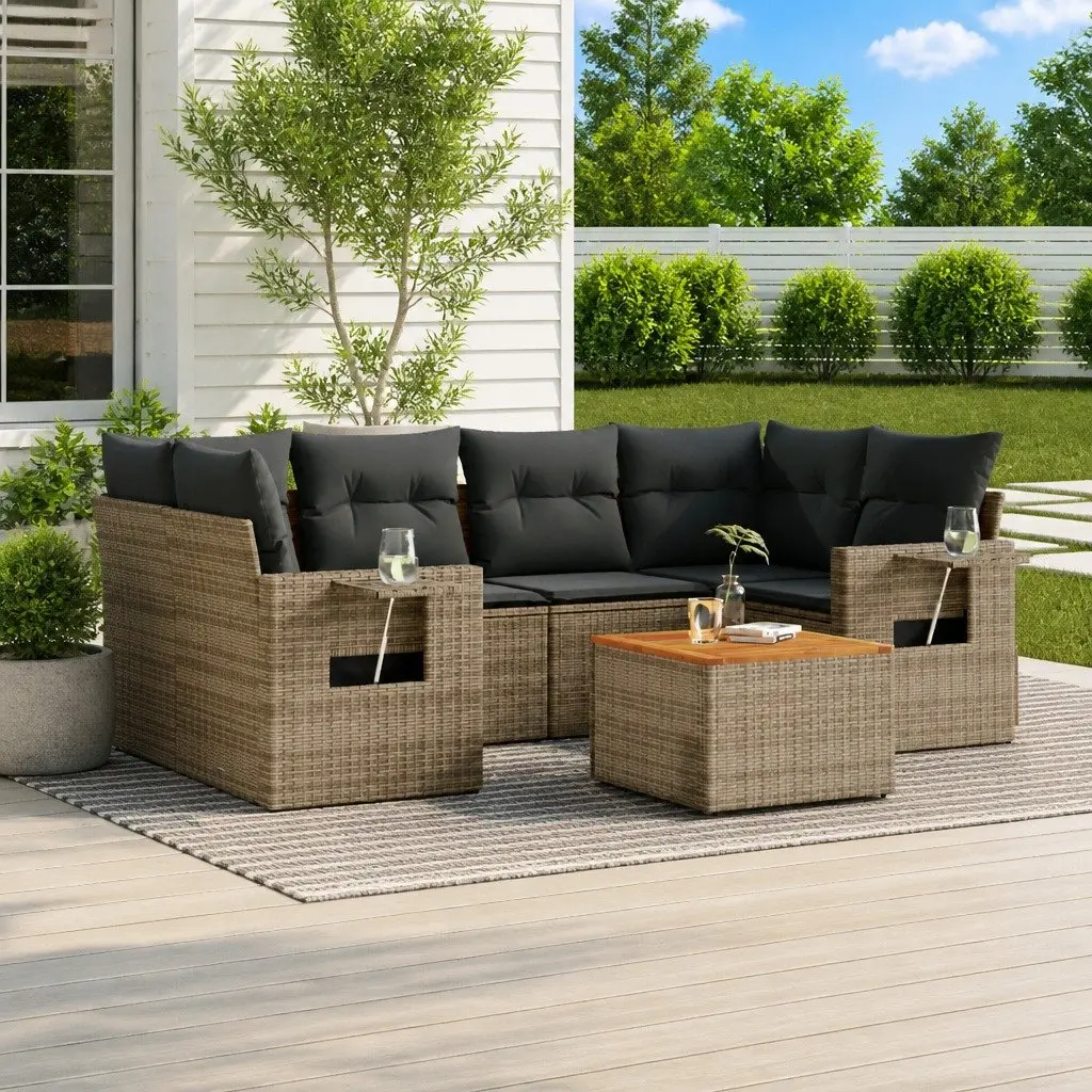 Outdoor Sectional Sofa Set 7 Piece Grey Poly Rattan Garden Furniture with