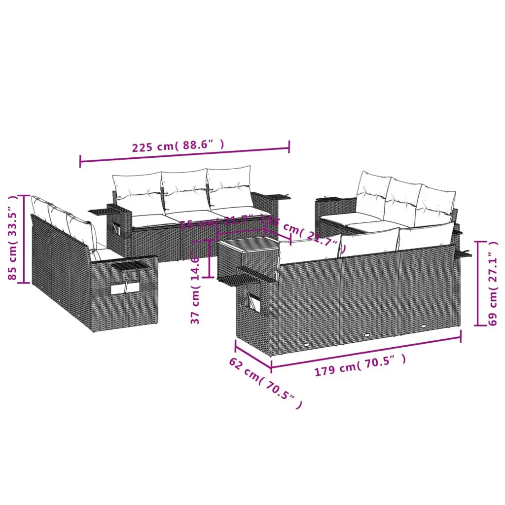 Outdoor Sectional Sofa Set 13 Piece Grey Poly Rattan Garden Furniture with