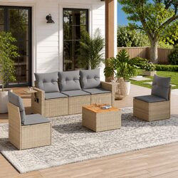 Outdoor Sectional Sofa Set 6 Piece Garden Furniture with Cushions Beige Rattan