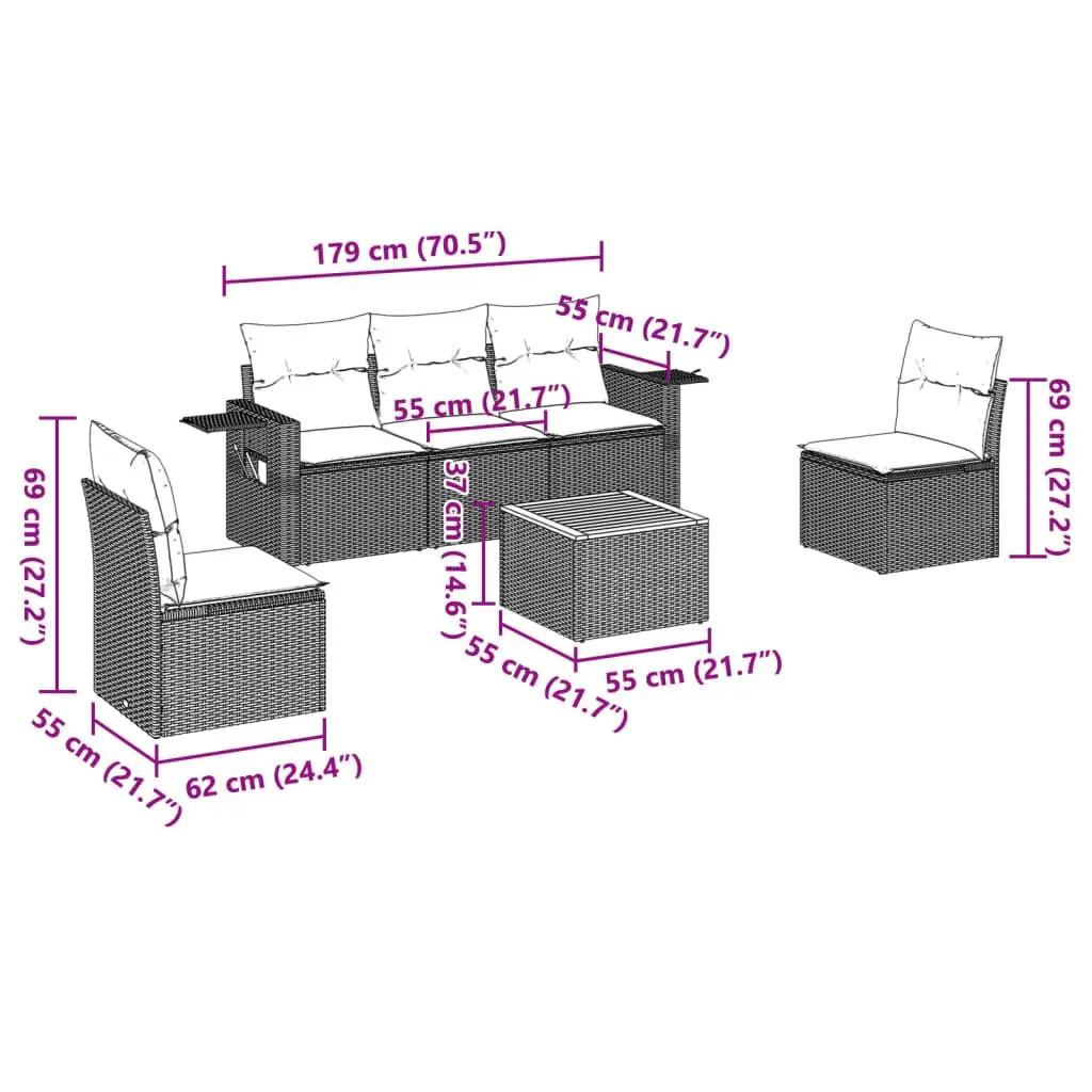 6 Piece Modular Garden Sofa Set Grey Rattan with Cushions for Outdoor Patio Furniture