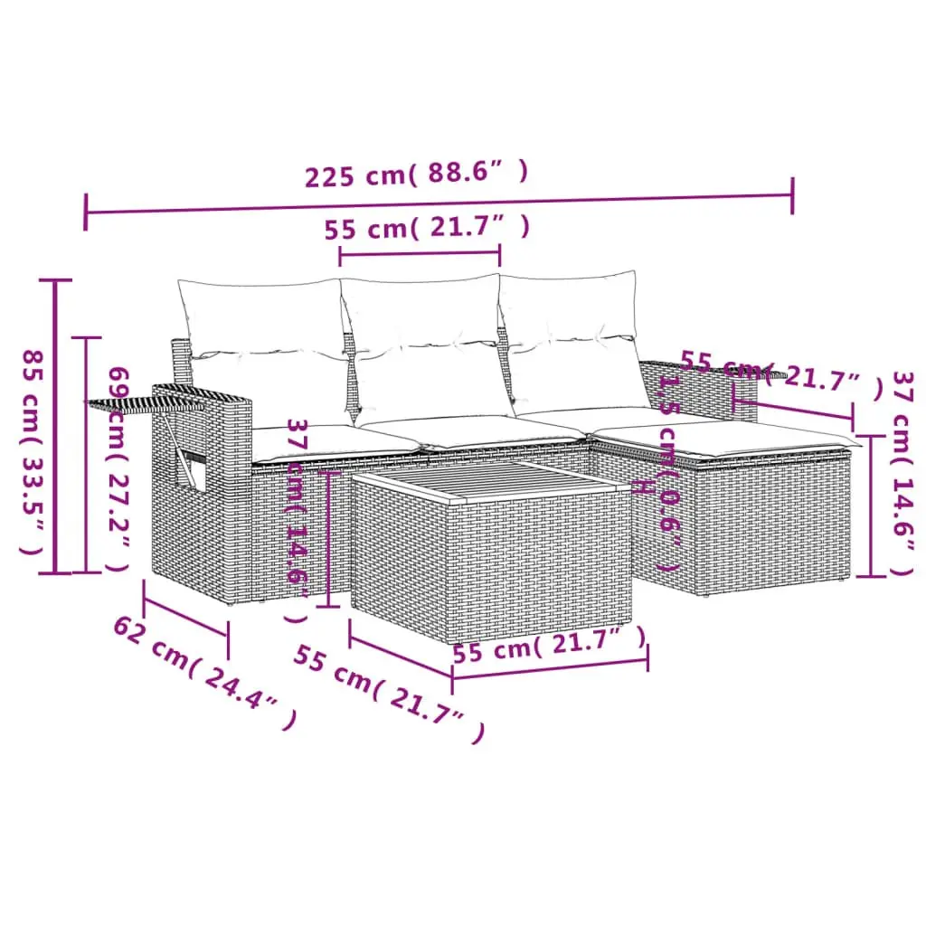 Outdoor Sectional Sofa Set 5 Piece Garden Furniture Grey Poly Rattan with