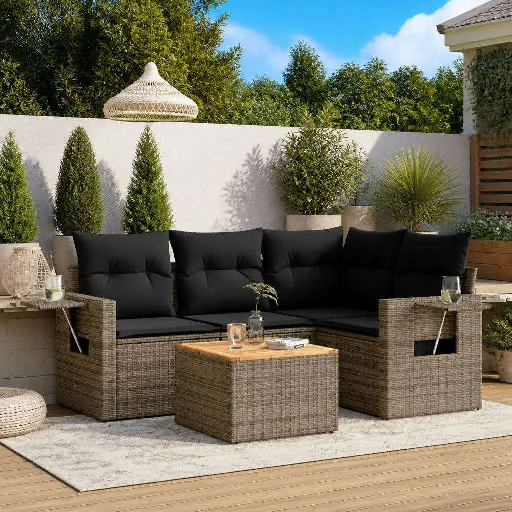 5 Piece Modular Outdoor Garden Sofa Set Grey PE Rattan with Removable Cushion Covers and Foldable Side Table