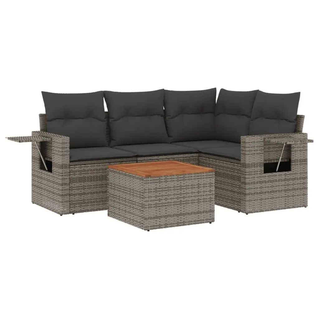 5 Piece Modular Outdoor Garden Sofa Set Grey PE Rattan with Removable Cushion Covers and Foldable Side Table