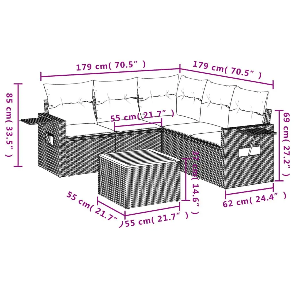 Outdoor Sectional Sofa Set Grey Modular 6 Piece Poly Rattan Garden Furniture