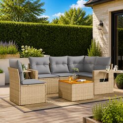 Outdoor Sectional Sofa Set 6 Piece Garden Furniture Beige Poly Rattan with