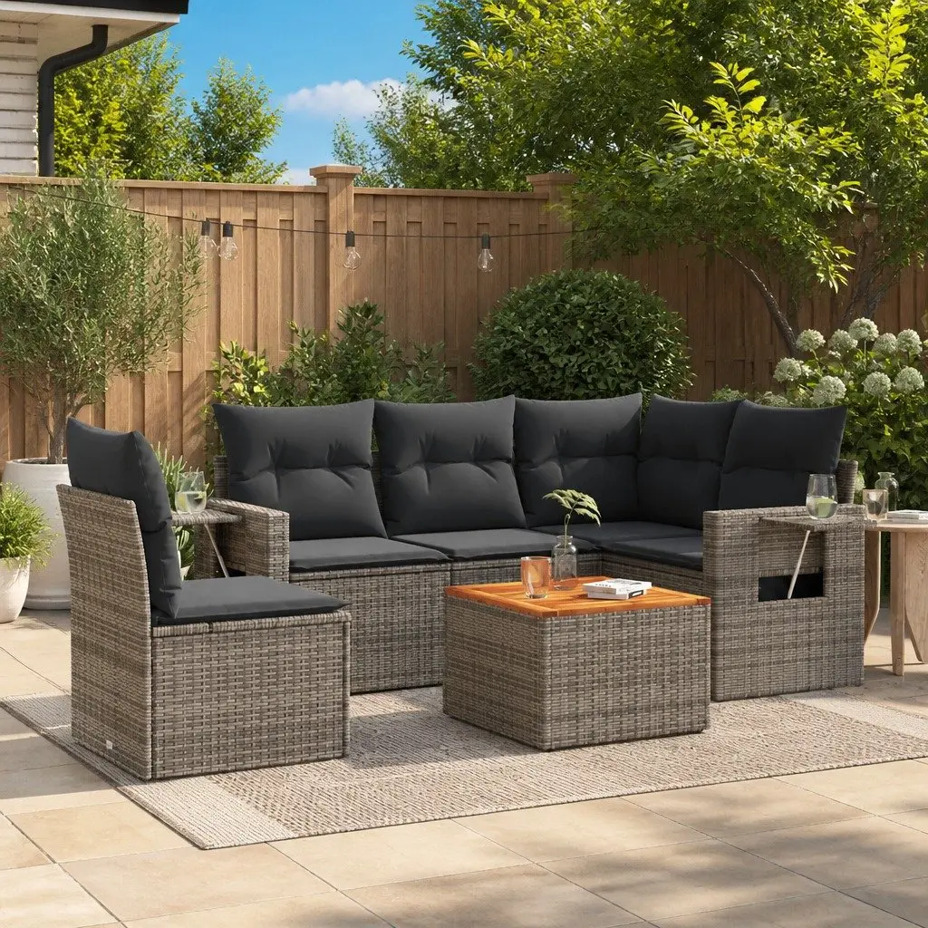 Outdoor Sectional Sofa Set 6 Piece Grey Poly Rattan with Foldable Side Table and Removable Cushion Covers