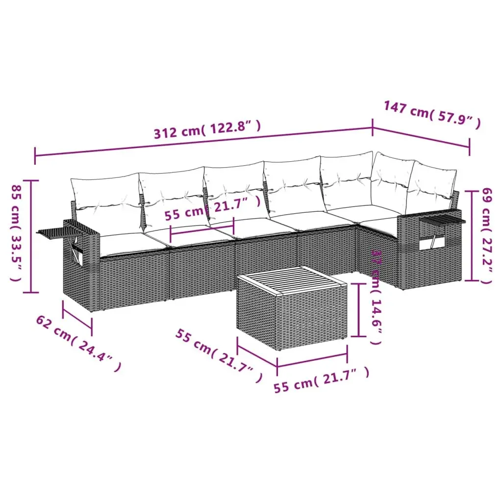 Outdoor Sectional Sofa Set 7 Piece Grey Poly Rattan Garden Furniture with