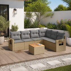 Outdoor Sectional Sofa Set 7 Piece Garden Furniture Beige Rattan with Cushions