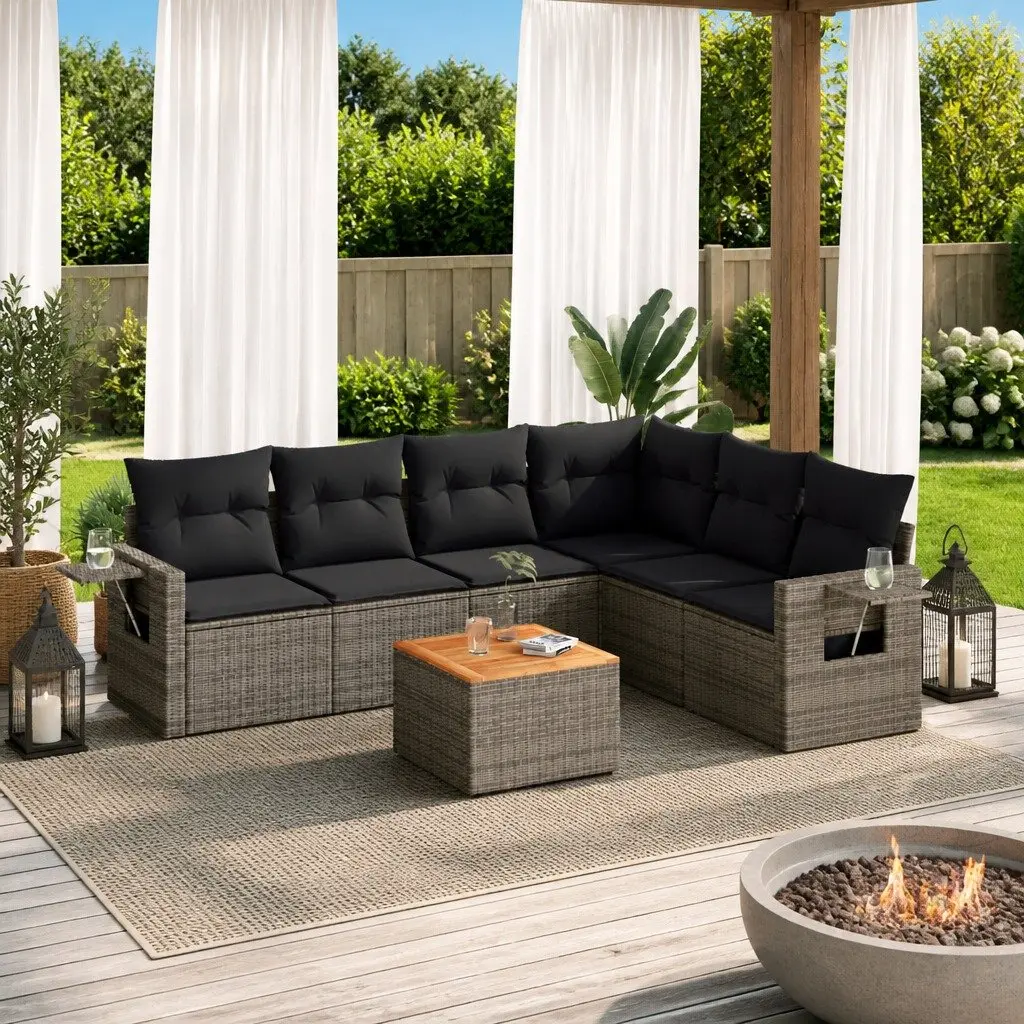 7 Piece Modular Outdoor Sofa Set Grey Poly Rattan with Foldable Side Table