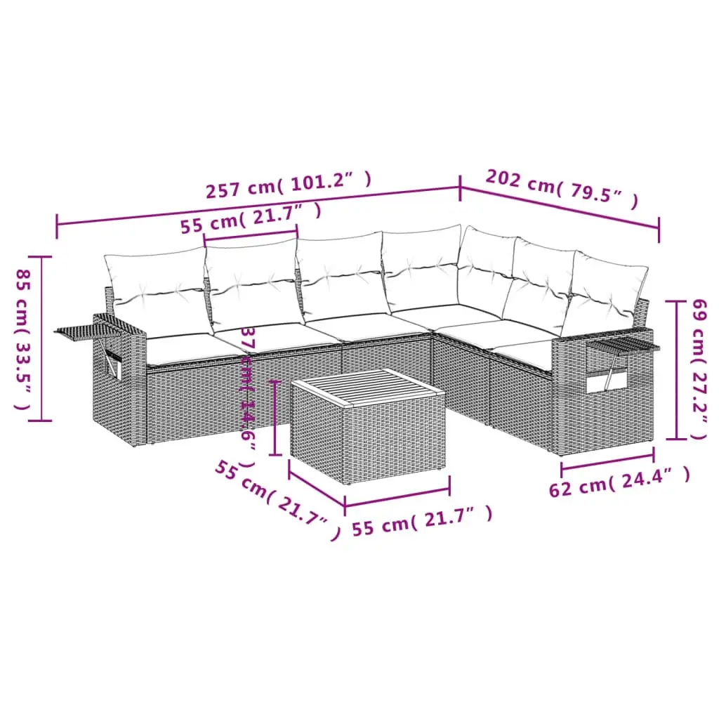 7 Piece Modular Outdoor Sofa Set Grey Poly Rattan with Foldable Side Table