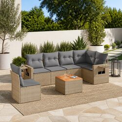 Outdoor Sectional Sofa Set 7 Piece Garden Furniture Beige Poly Rattan with