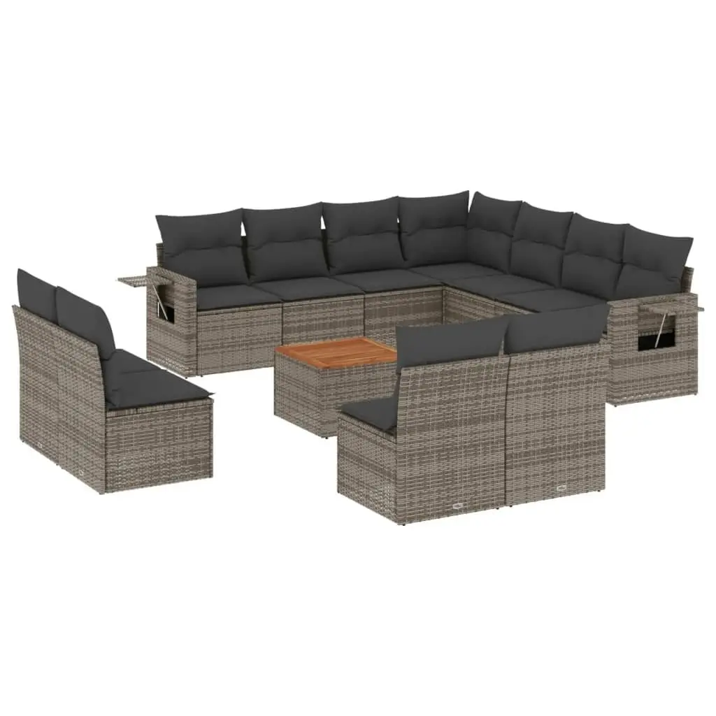 Grey Poly Rattan Garden Furniture 12 Piece Outdoor Sectional Sofa Set with Removable Cushion Covers and Foldable Side Table