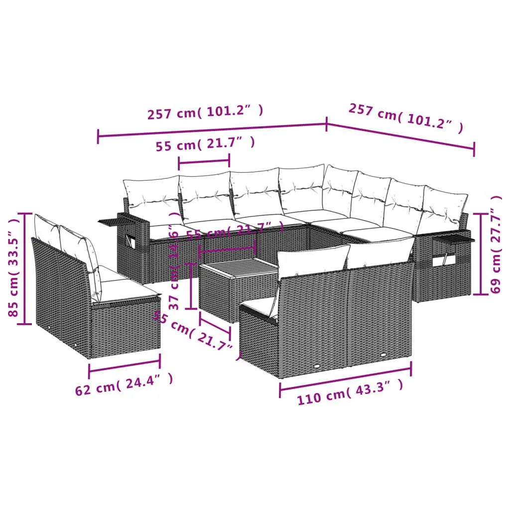 Grey Poly Rattan Garden Furniture 12 Piece Outdoor Sectional Sofa Set with Removable Cushion Covers and Foldable Side Table