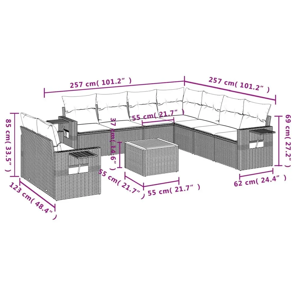 10 Piece Grey Modular Outdoor Sofa Set with Cushions and Side Table for Garden and Patio