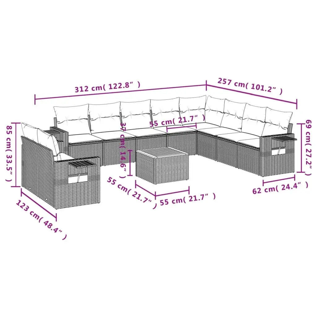 Outdoor Sectional Sofa Set 11 Piece Garden Furniture Grey Poly Rattan with