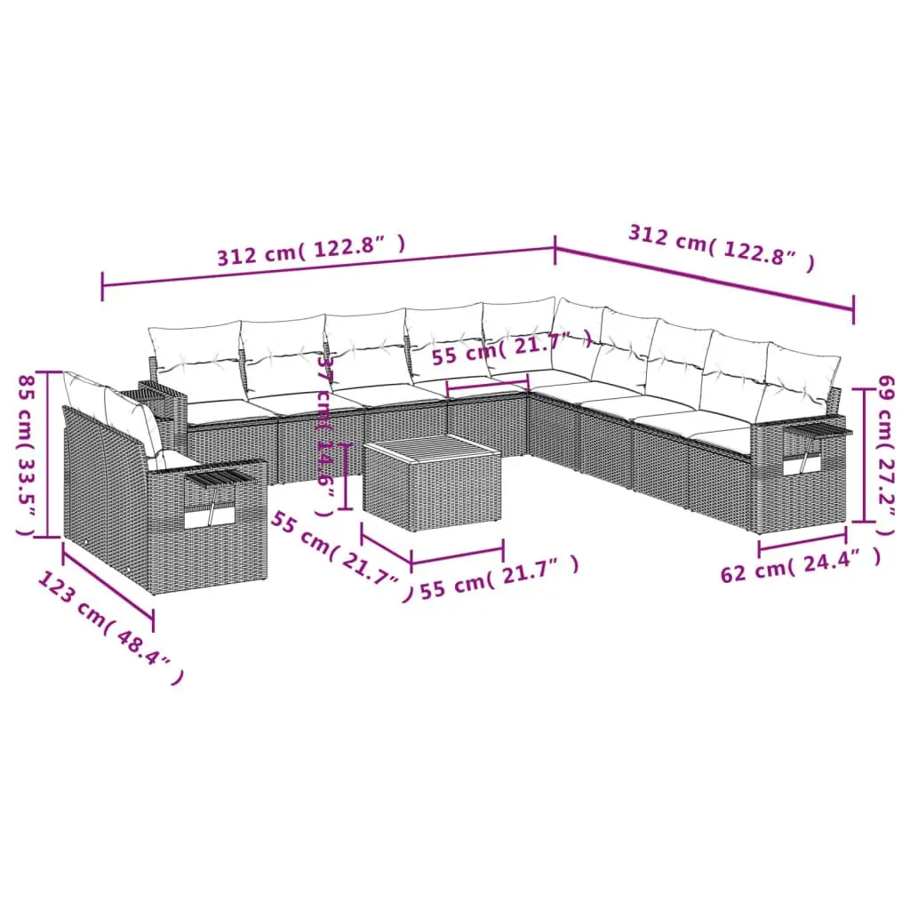 12 Piece Outdoor Garden Sofa Set Sectional Modular Grey Poly Rattan Patio