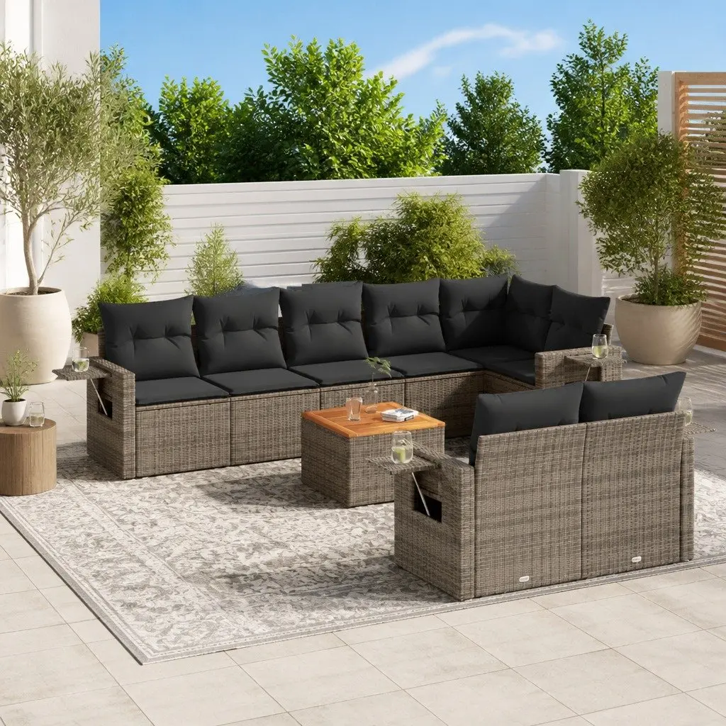 Garden Sofa Set 9 Piece Outdoor Sectional Grey Poly Rattan Patio Furniture with