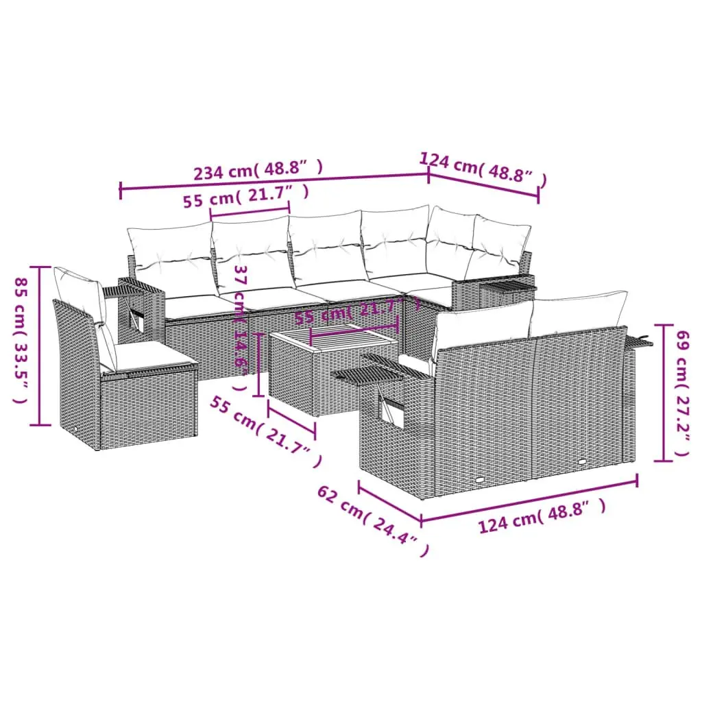 Outdoor Sectional Sofa Set 9 Piece Grey Poly Rattan Garden Furniture Patio
