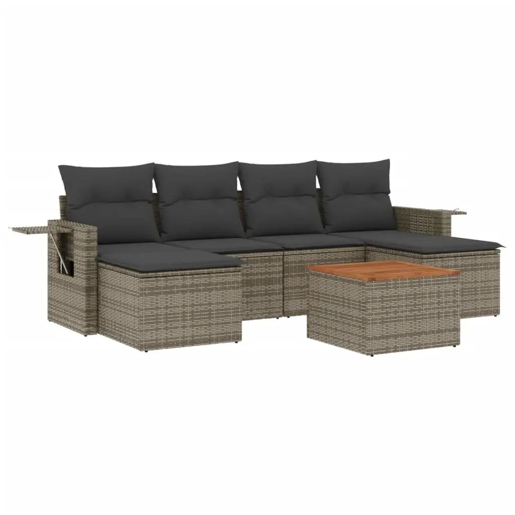 Garden Outdoor Sectional Sofa Set 7 Piece Modular Grey with Cushions and Acacia Wood Tabletop