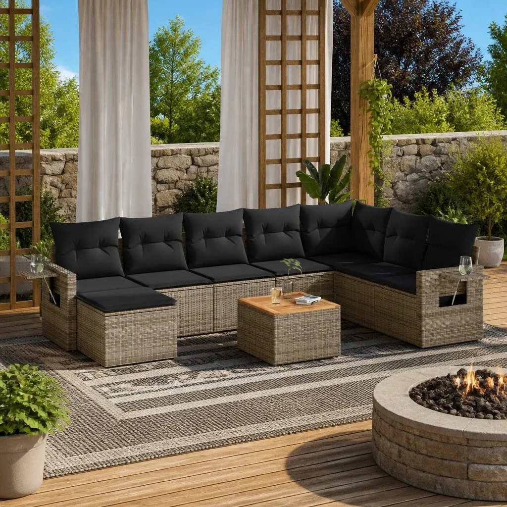 Outdoor Sectional Sofa Set 9 Piece Garden Furniture Grey Poly Rattan with