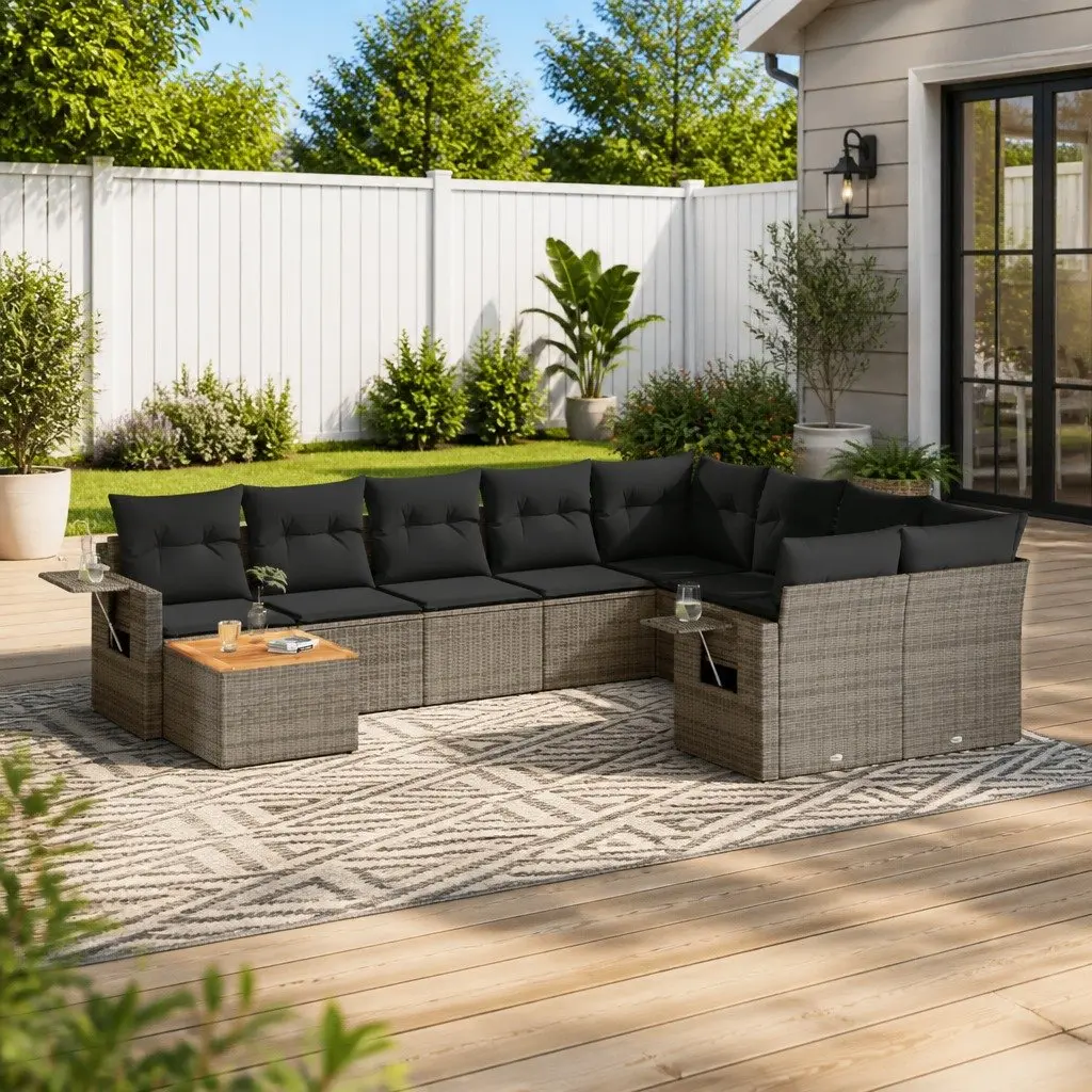 Outdoor Sectional Sofa Set 10 Piece Garden Furniture Grey Poly Rattan with
