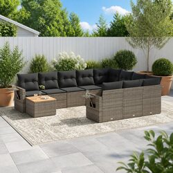 Outdoor Sectional Sofa Set 11 Piece Garden Furniture Grey Poly Rattan with