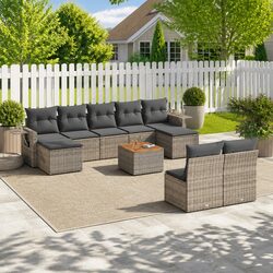 Outdoor Sectional Sofa Set 10 Piece Garden Furniture Grey Poly Rattan with