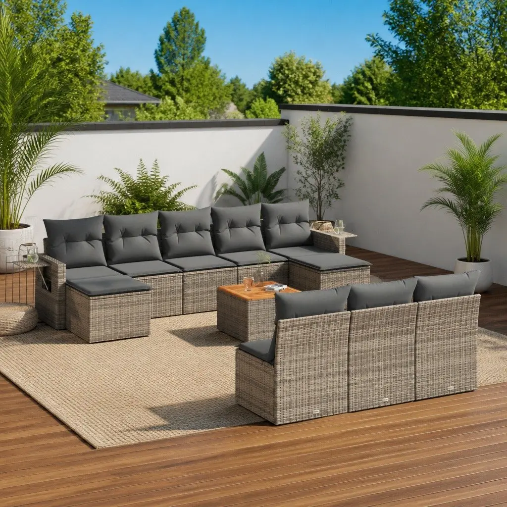 Outdoor Sectional Sofa Set 11 Piece Garden Furniture Grey Poly Rattan with