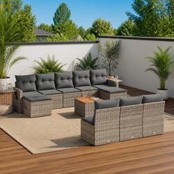 Outdoor Sectional Sofa Set 11 Piece Garden Furniture Grey Poly Rattan with